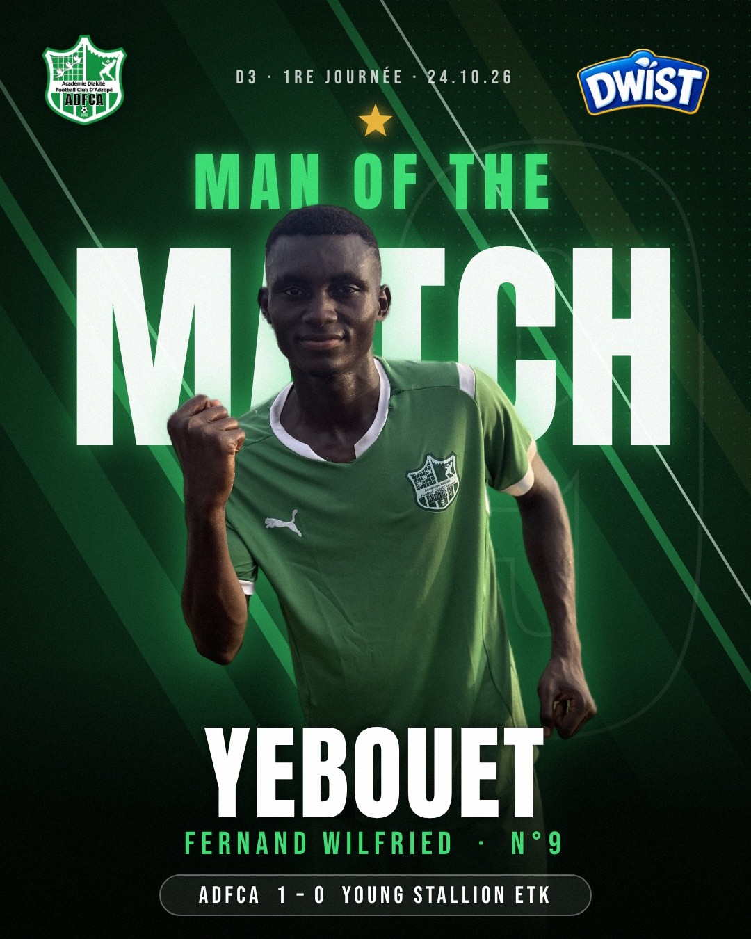 Visuel officiel : Yebouet Fernand Wilfried, numéro 9, homme du match ADFCA – Young Stallion ETK (1-0)